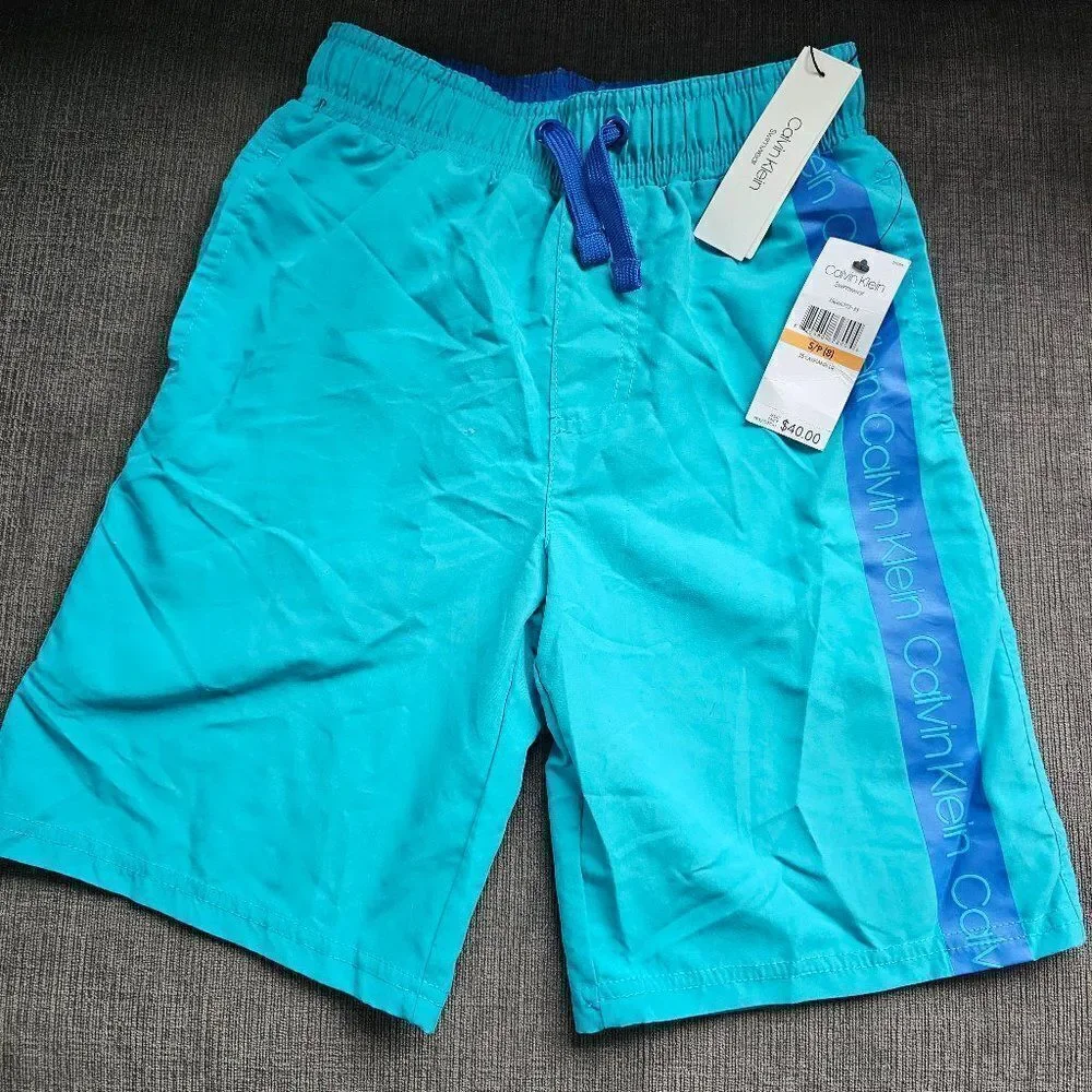 Calvin Klein Big Boys Caspian Blue Logo Stripe Swimwear Board Shorts Size 8